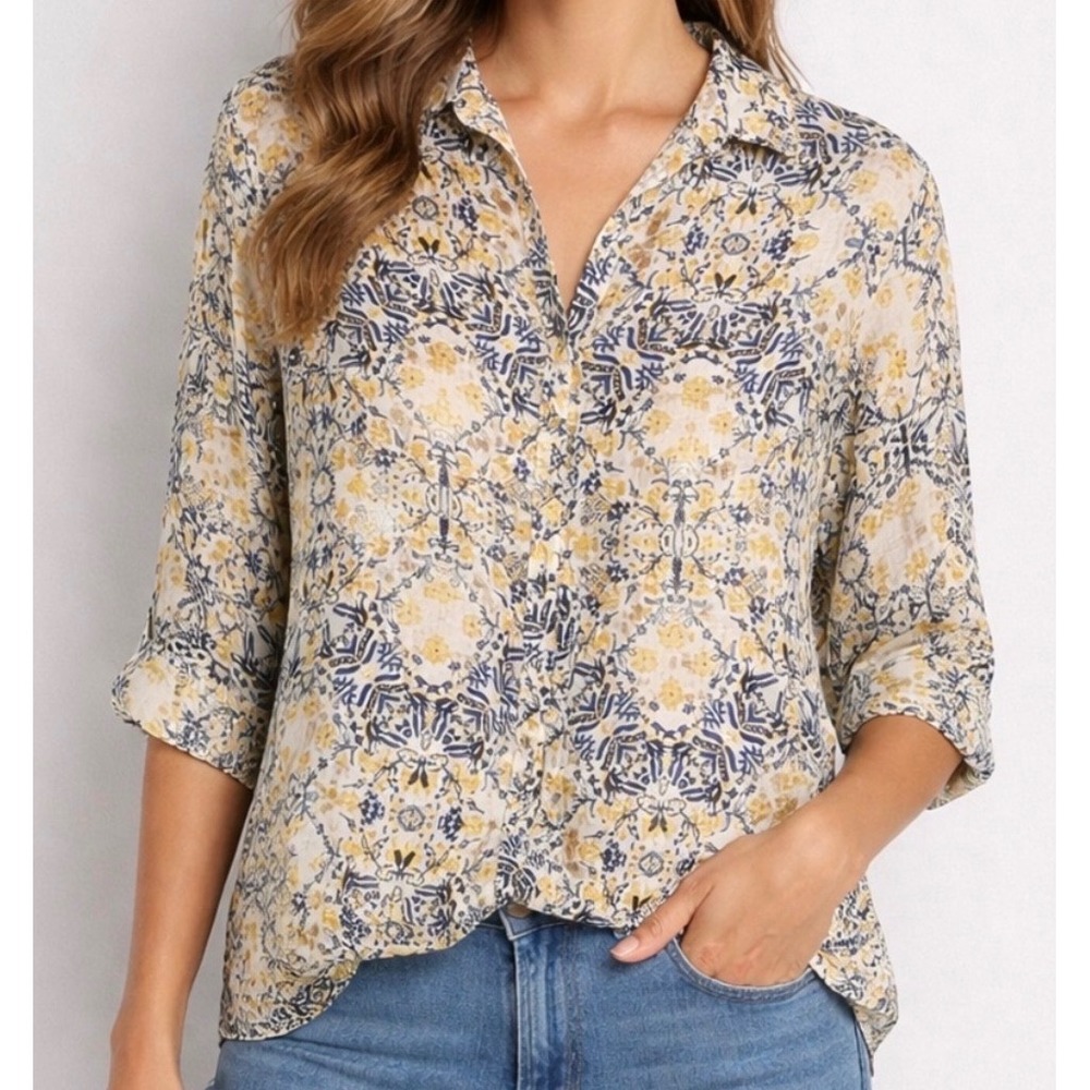 XL 100% linen charter club medallion floral blue yellow